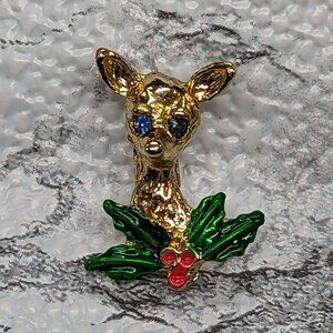 Vintage Gold-Tone Reindeer Lapel Pin With Holly Leaves & Red Berries